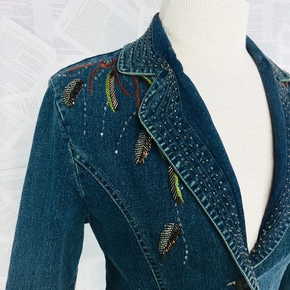 Embellished Denim Jean Jacket Beading Size Small